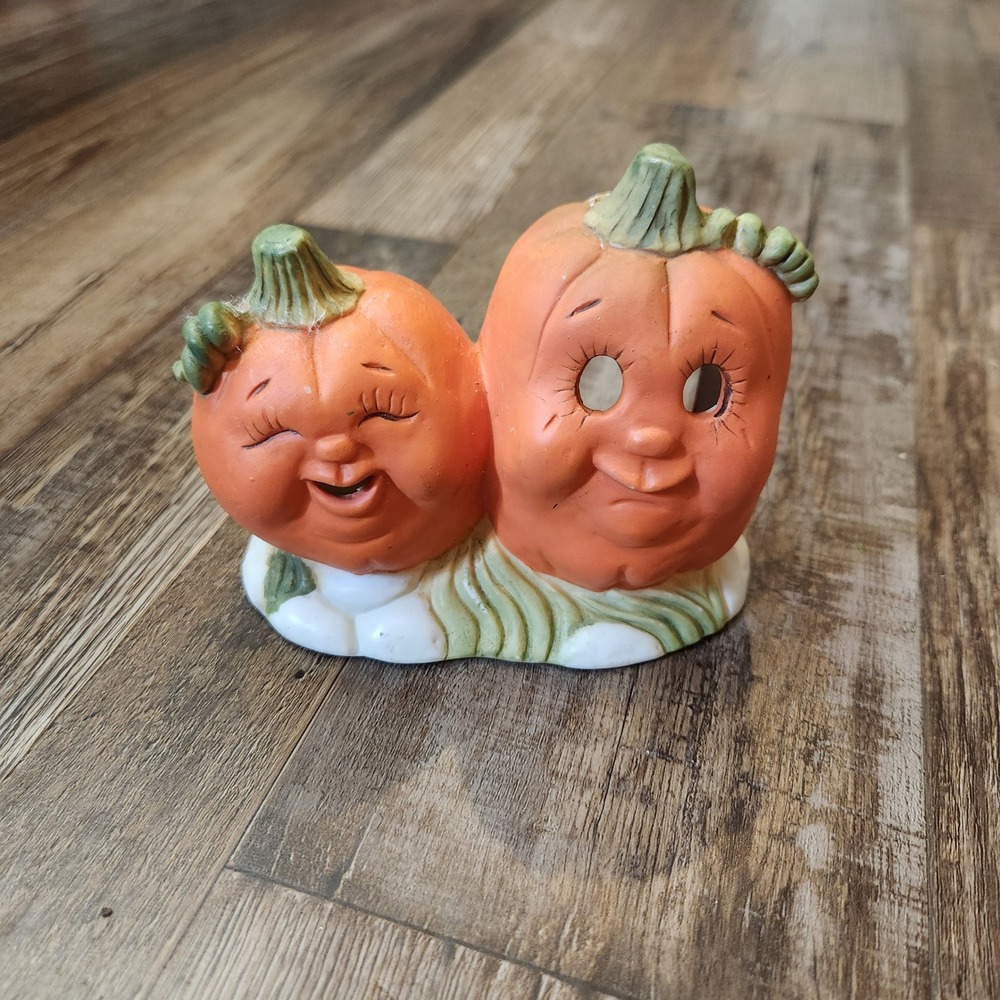 Vintage Style Anthropomorphic Ceramic‎ Double Pumpkin Tea Light Holder Halloween